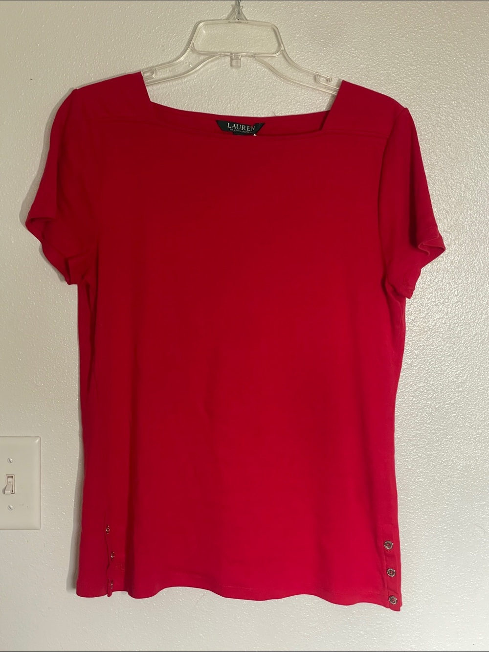 Lauren Ralph Lauren Red Short Sleeve Boatneck Top with Side Hem Buttons